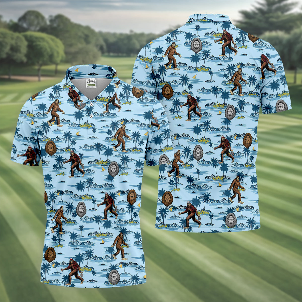 Blue Funny Sasquatch Tropical Golf Shirts, Men's Funny Golf Shirts, Golfing Apparel, Polo For Men