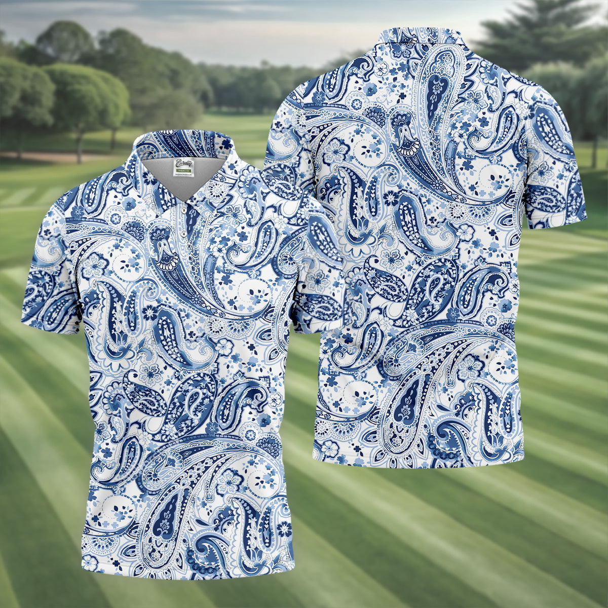 Blue Paisley Seamless Pattern Golf Tops For Men, Hawaiian Golf Shirts, Long Sleeve Polo