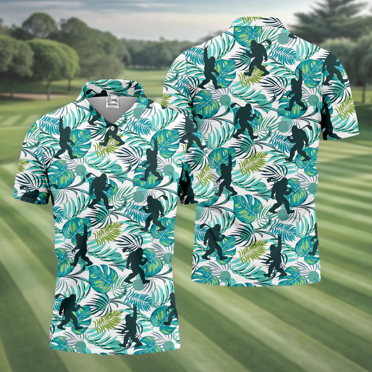 Tropical Green Bigfoot Golf Shirt, Golf Tops For Men, Custom Golf Polos, Golf Gift For Men