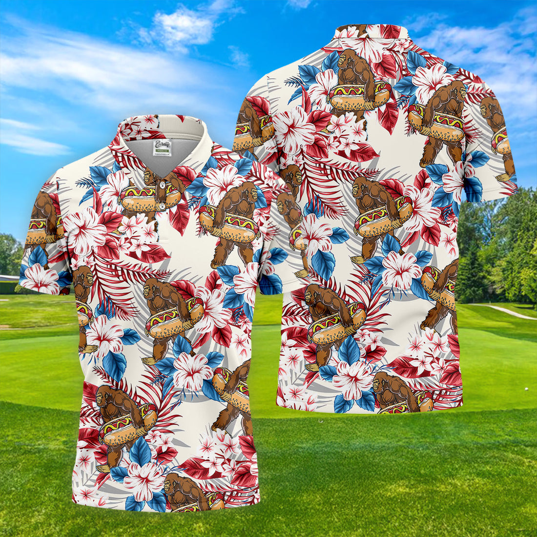 Bigfoot Hawaiian Shirts, Funny Hotdog Men Polo, Fun Golf Shirts For Men, Golfing Apparel