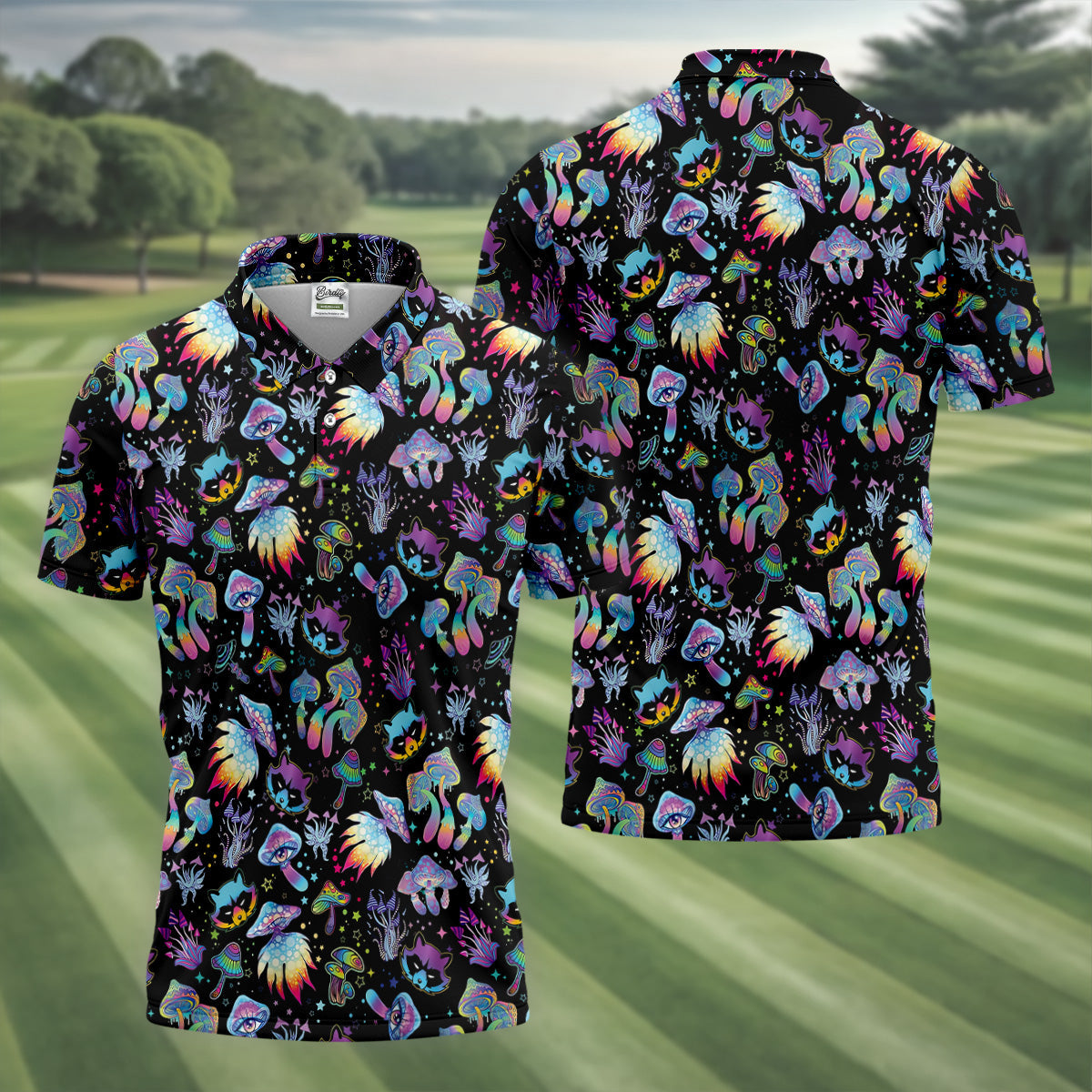 Funny Neon Cat Alien Mushroom Golf Tops For Men, Polo Shirts For Men, Golfing Apparel