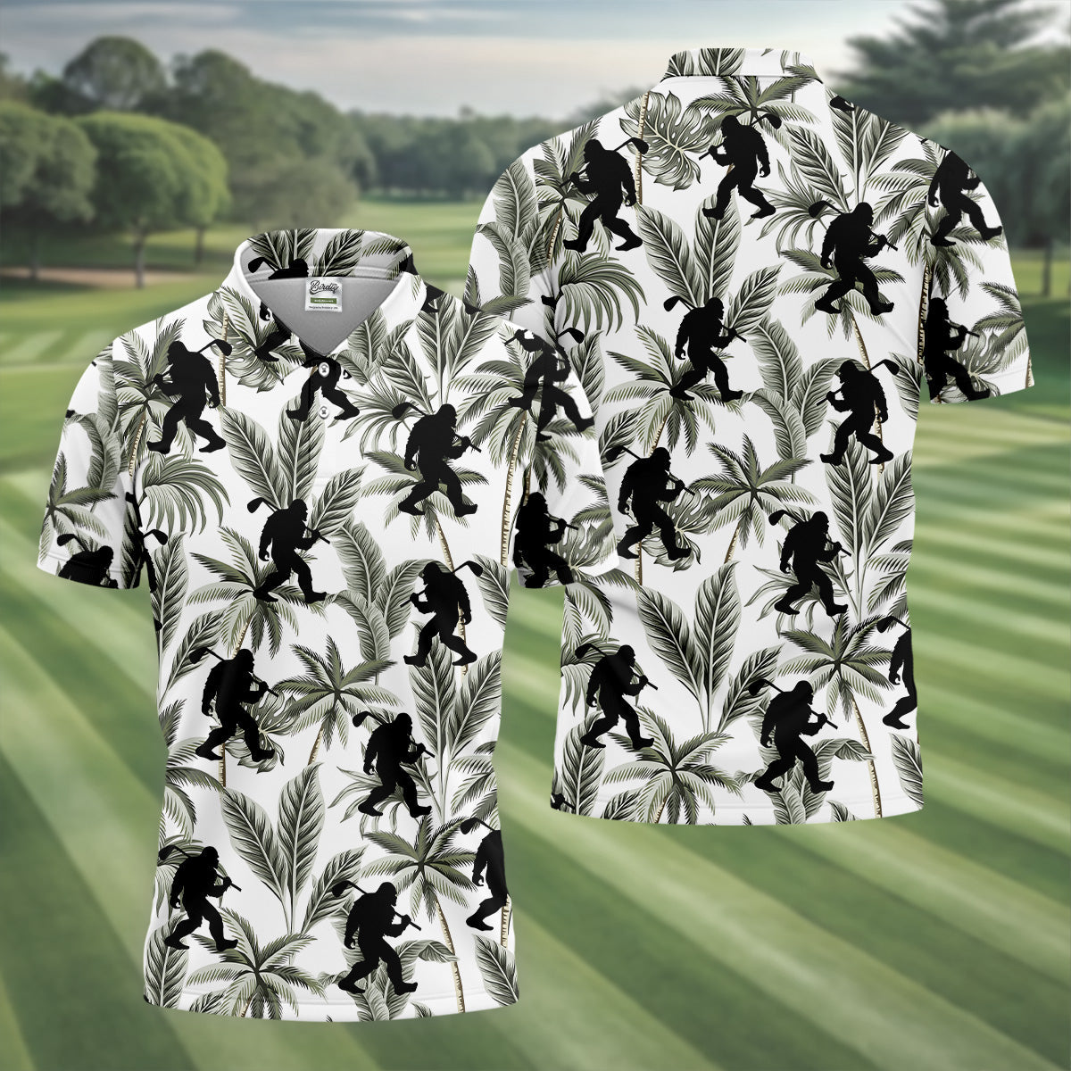 Funny Bigfoot Tropical Palm Leaves Golf Tops For Men, Custom Golf Polos, Golf Gift For Men