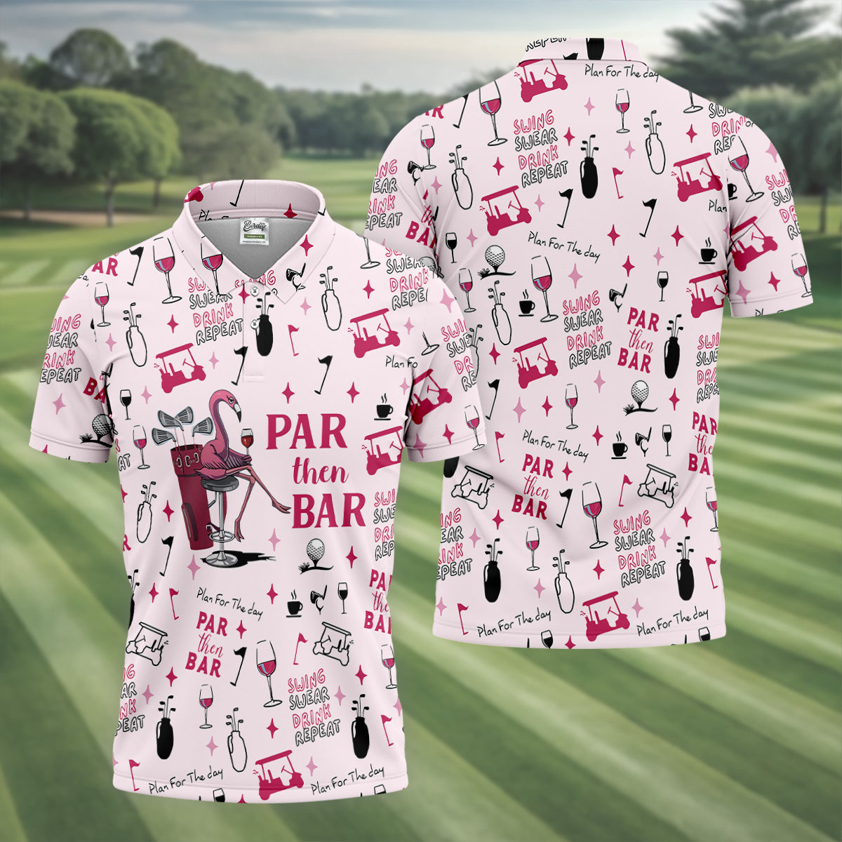 Pink Swing Swear Drink Repeat Par Then Bar Flamingo Golf Shirt, Fun Golf Shirts For Men, Polo For Men