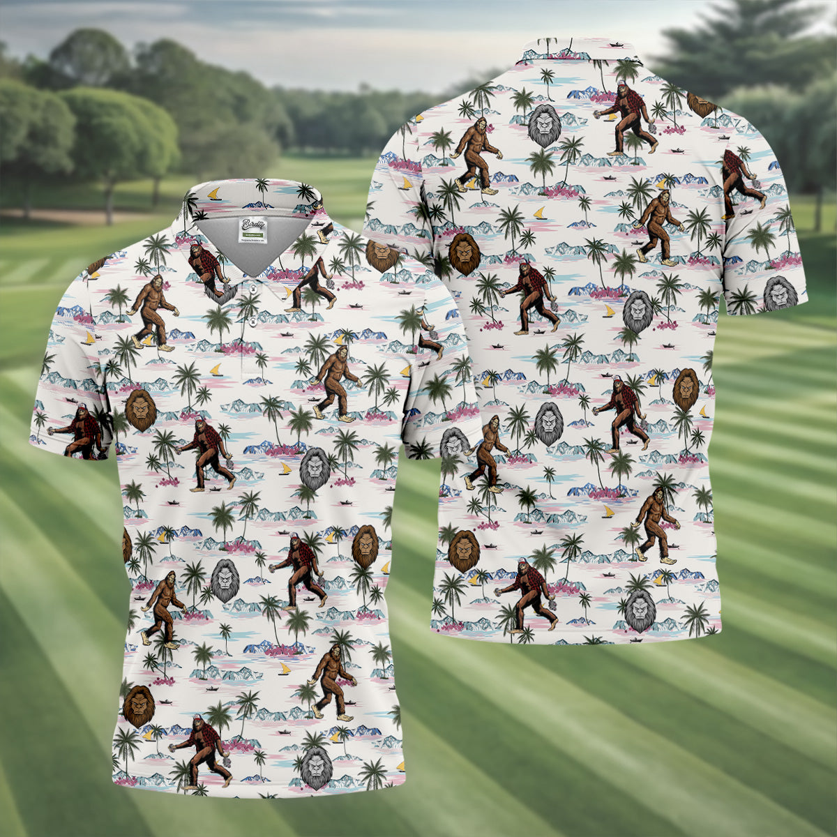 Funny Sasquatch Tropical Golf Shirts, Men's Funny Golf Shirts, Golfing Apparel, Polo For Men