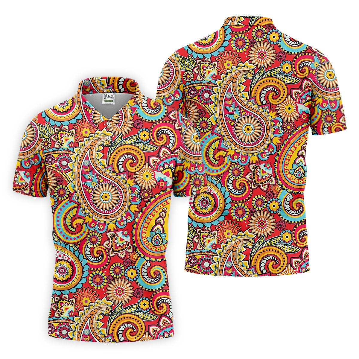 Red Paisley Seamless Pattern Golf Tops For Men, Hawaiian Golf Shirts, Long Sleeve Polo