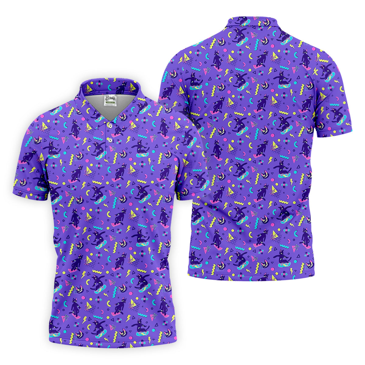 SK8R CAT Patterned Golf Polos, Mens Funny Golf Shirts, Long Sleeve Golf Shirts, Men Golf Polo