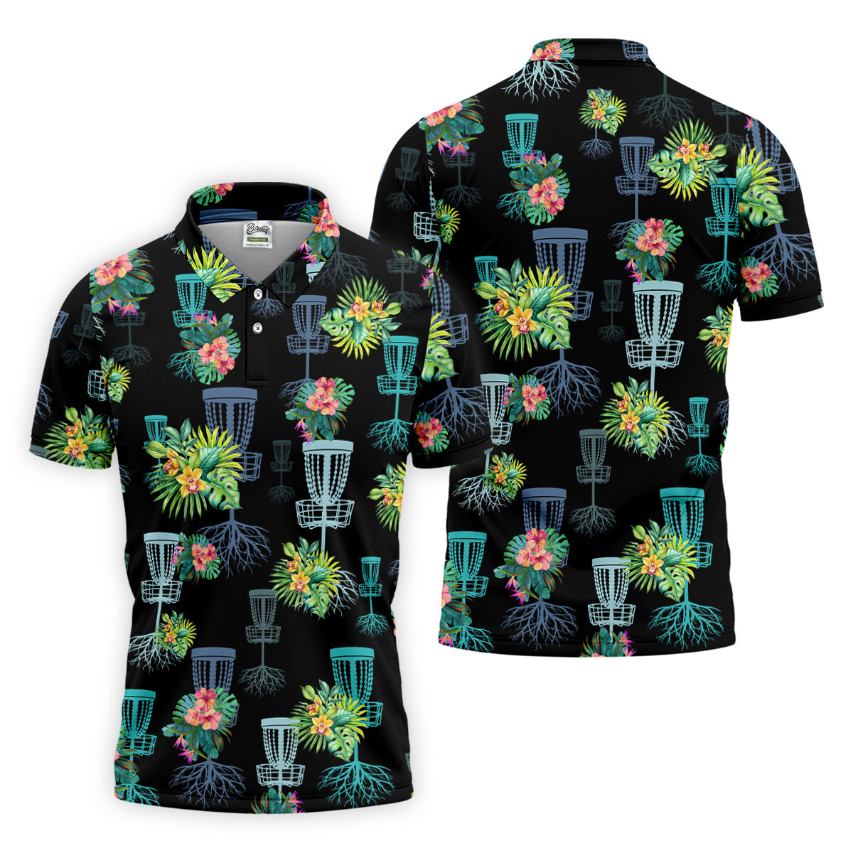 Tropical Floral Pattern Disc Golf Shirt, Black Golf Shirt, Polo Shirts For Men, Golf Gift For Men