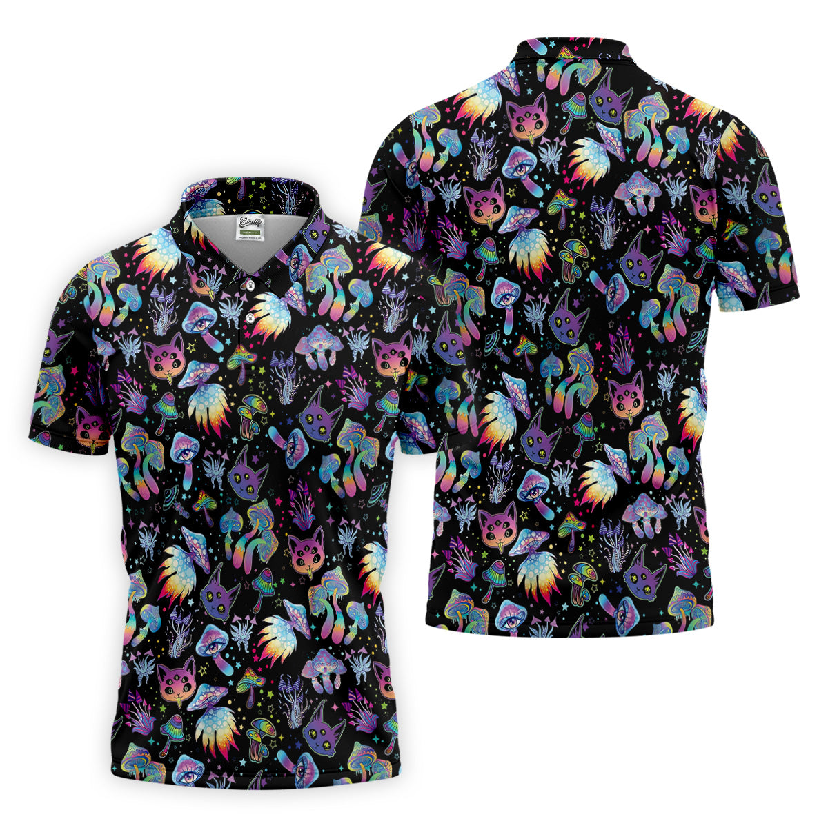 Funny Neon Cat Alien Mushroom Golf Tops For Men, Cute Golf Outfit, Polo Shirts For Men, Golfing Apparel