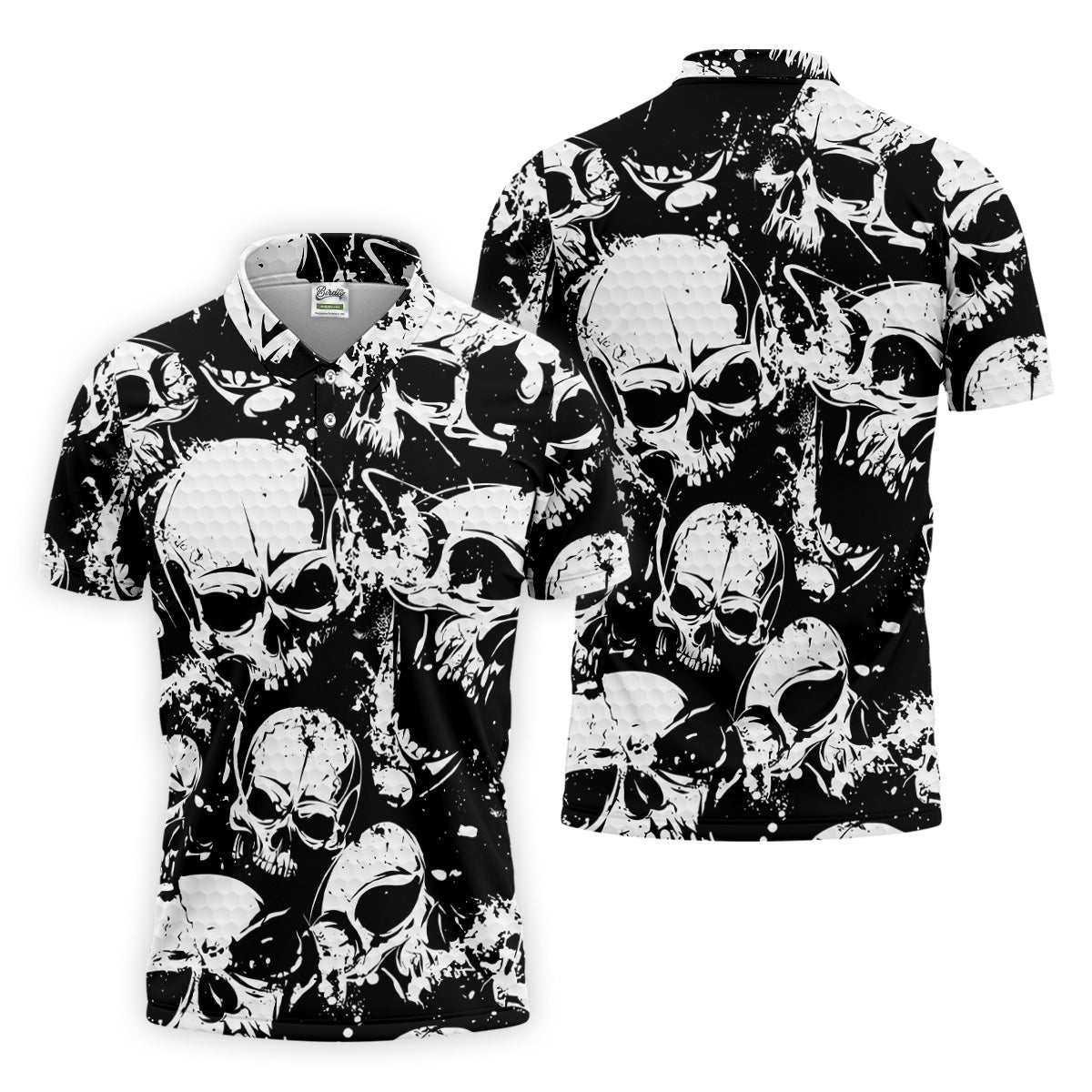 Skulls Splatter Black Grunge Mens Golf Polo Shirts, Cool Golf Gift, Golfing Apparel, Polo For Men