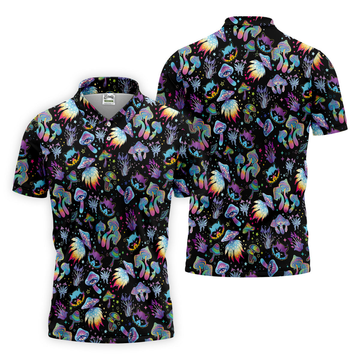 Funny Neon Cat Alien Mushroom Golf Tops For Men, Polo Shirts For Men, Golfing Apparel