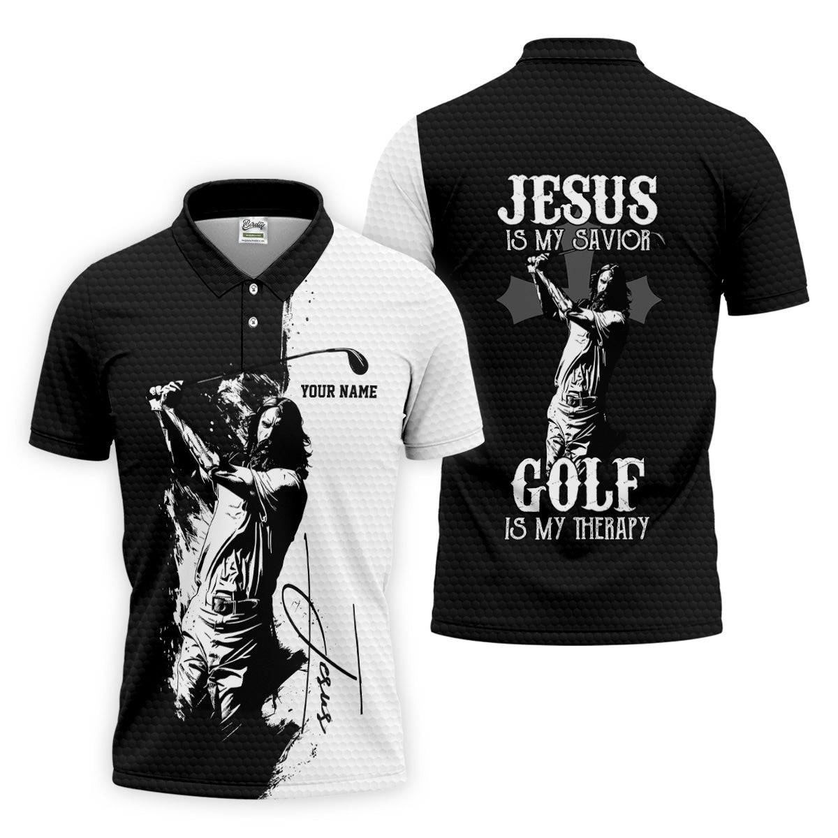 Jesus Is My Savior Golf Is My Therapy Christian Golf Shirt, Black And White Golf Polo, Polo Shirts For Men