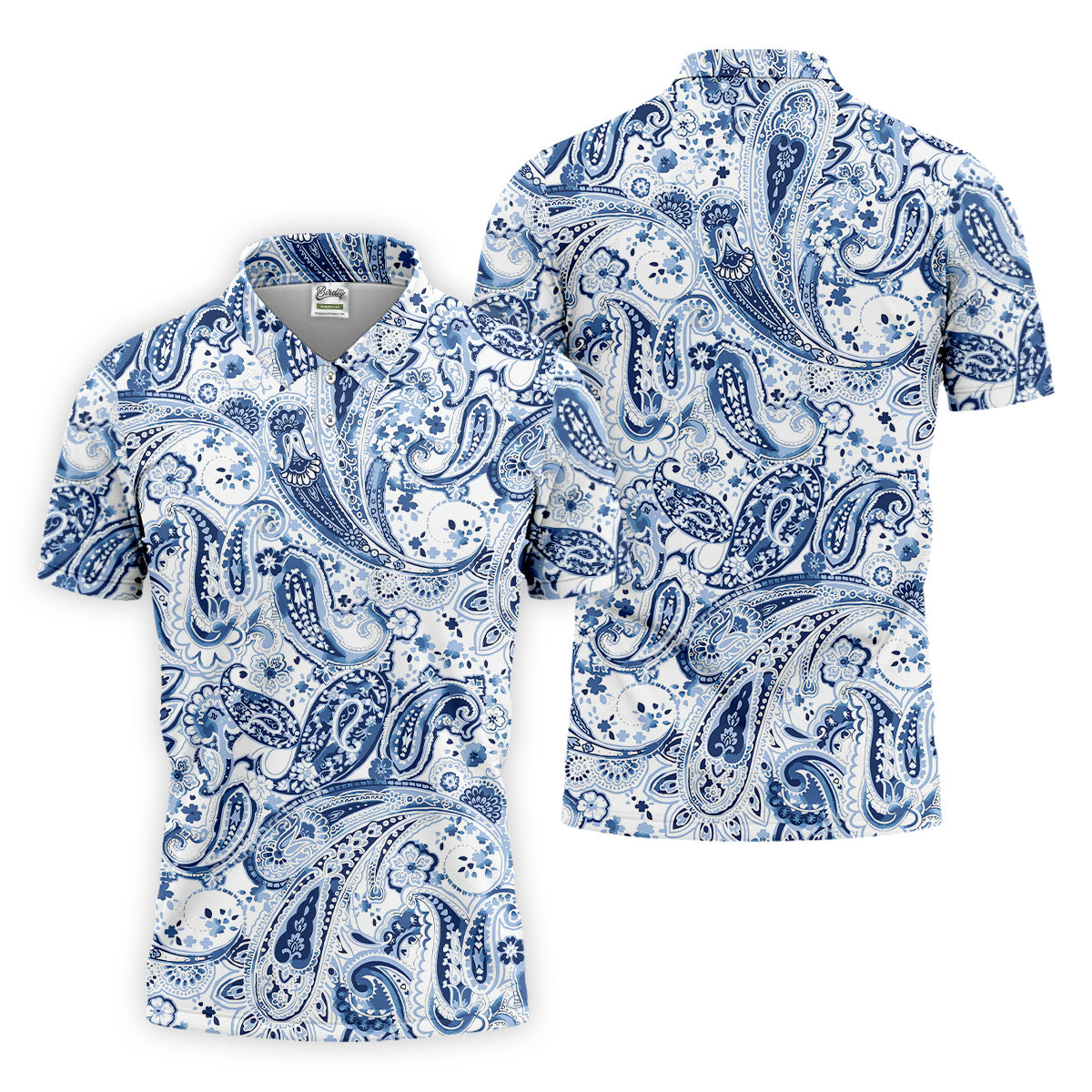 Blue Paisley Seamless Pattern Golf Tops For Men, Hawaiian Golf Shirts, Long Sleeve Polo