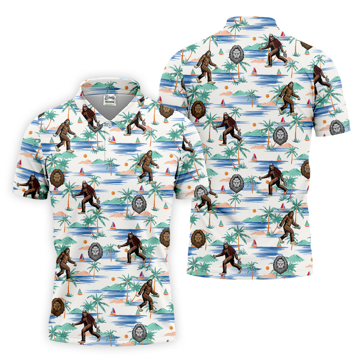 White And Blue Funny Sasquatch Tropical Golf Shirts, Fun Men's Golf Polos, Hawaiian Golf Shirts, Golfing Apparel