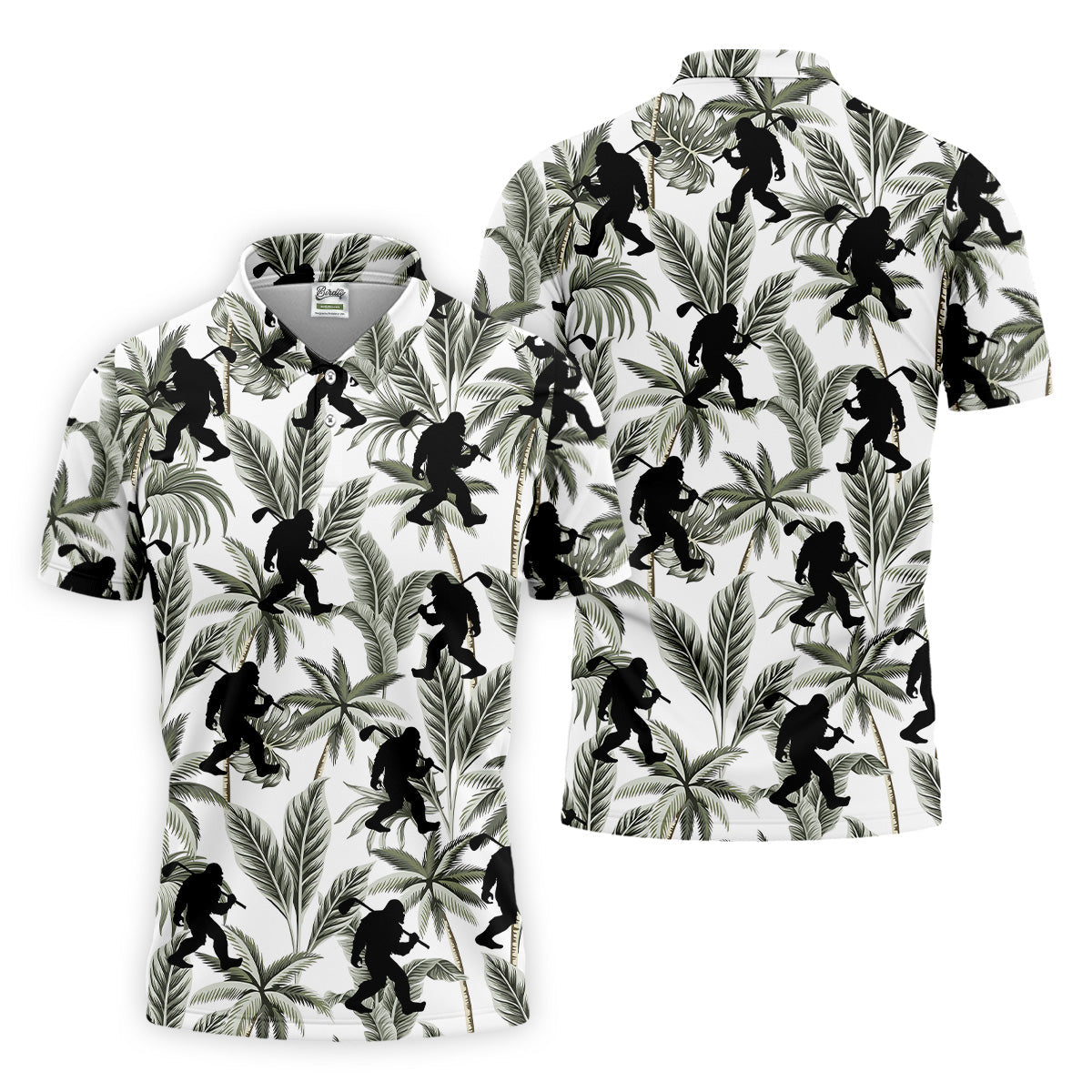 Funny Bigfoot Tropical Palm Leaves Golf Tops For Men, Custom Golf Polos, Golf Gift For Men