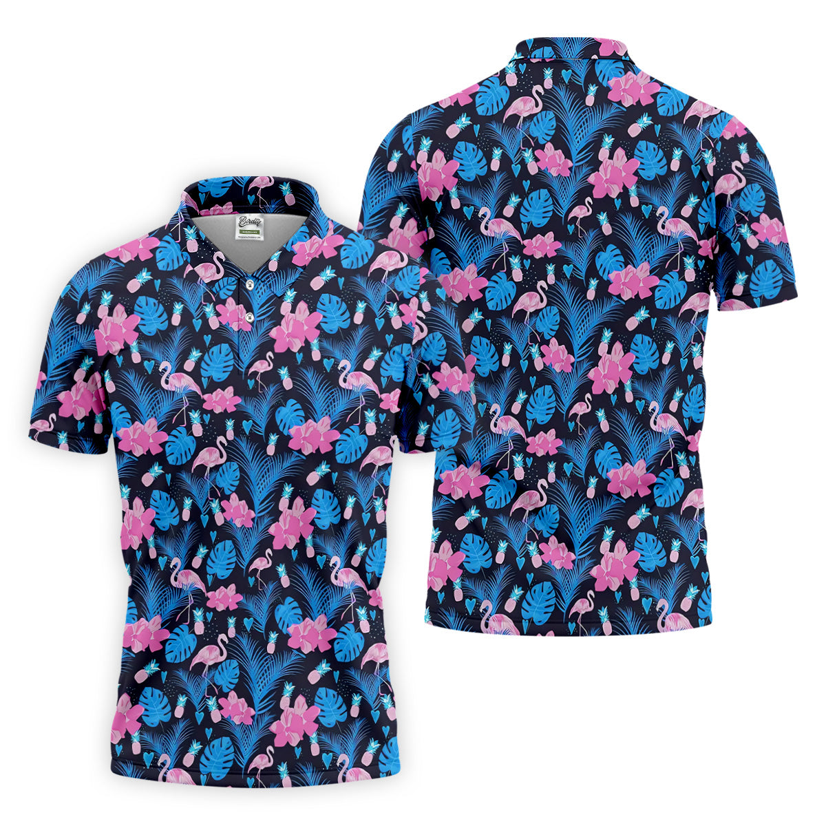 Flamingo Pink Pink And Blue Tropical Golf Shirts, Polo Shirts For Men, Golf Gift For Men, Golfing Apparel