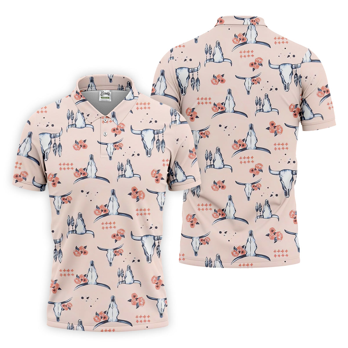 Boho Buffalo Skull Seamless Pattern Golf Tops For Men, Hawaiian Golf Shirts, Polo For Men