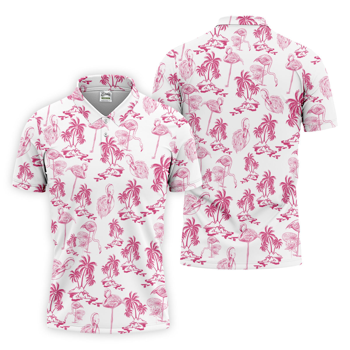 White And Pink Flamingo Tropical Men Polo, Polo Shirts For Men, Golf Gift For Men, Golfing Apparel