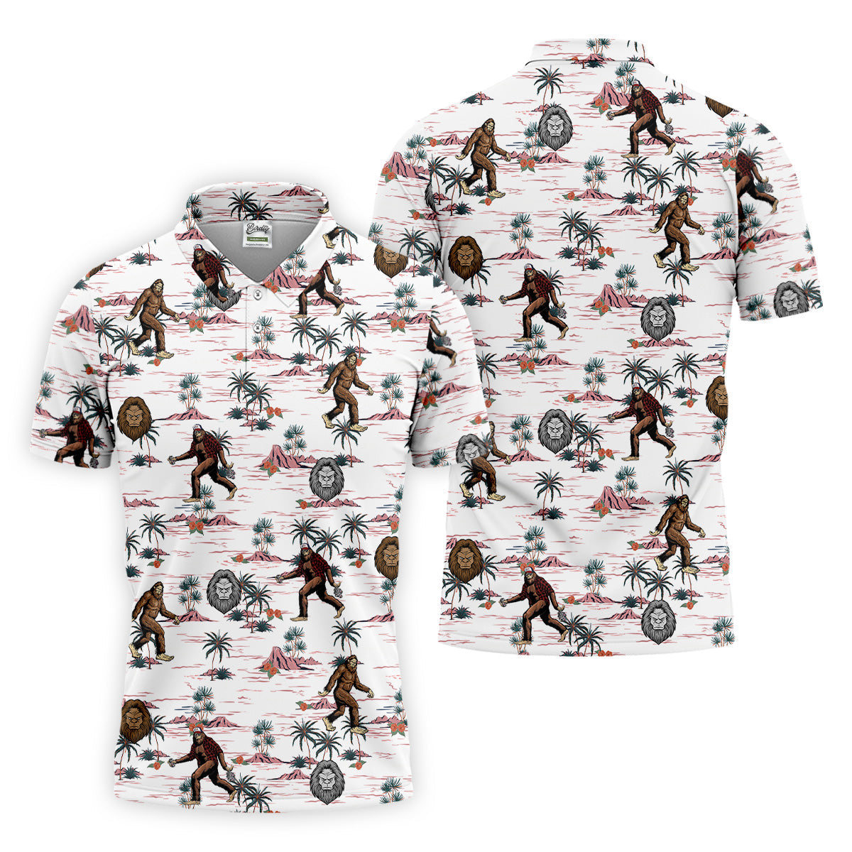 White Funny Sasquatch Tropical Golf Shirts, Fun Men's Golf Polos, Hawaiian Golf Shirts, Golfing Apparel