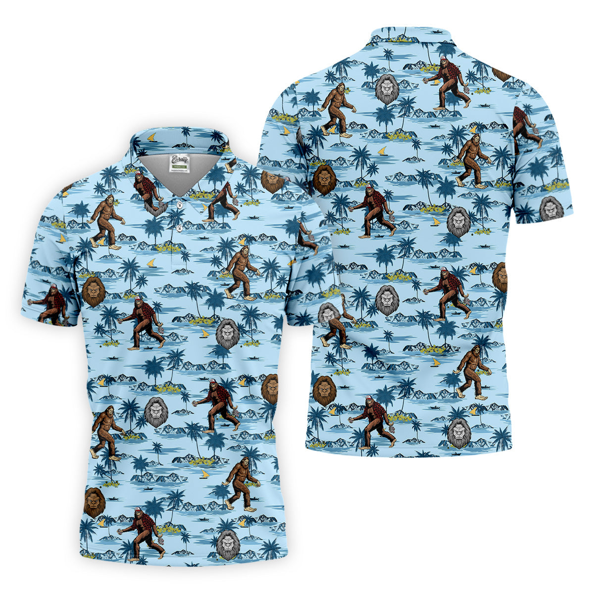 Blue Funny Sasquatch Tropical Golf Shirts, Men's Funny Golf Shirts, Golfing Apparel, Polo For Men