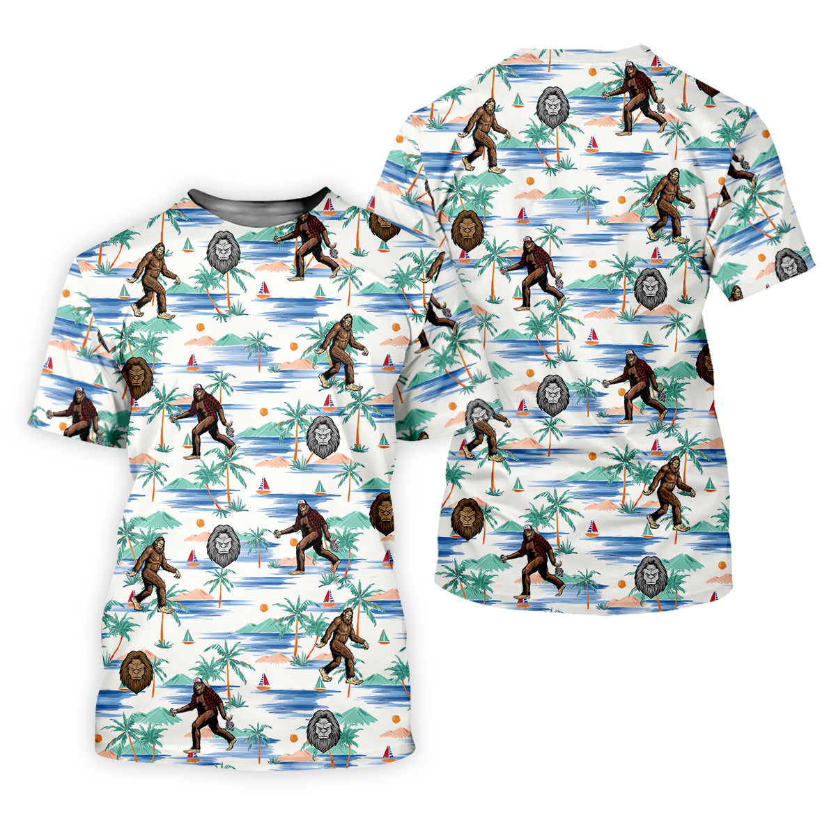 White And Blue Funny Sasquatch Tropical Golf Shirts, Fun Men's Golf Polos, Hawaiian Golf Shirts, Golfing Apparel