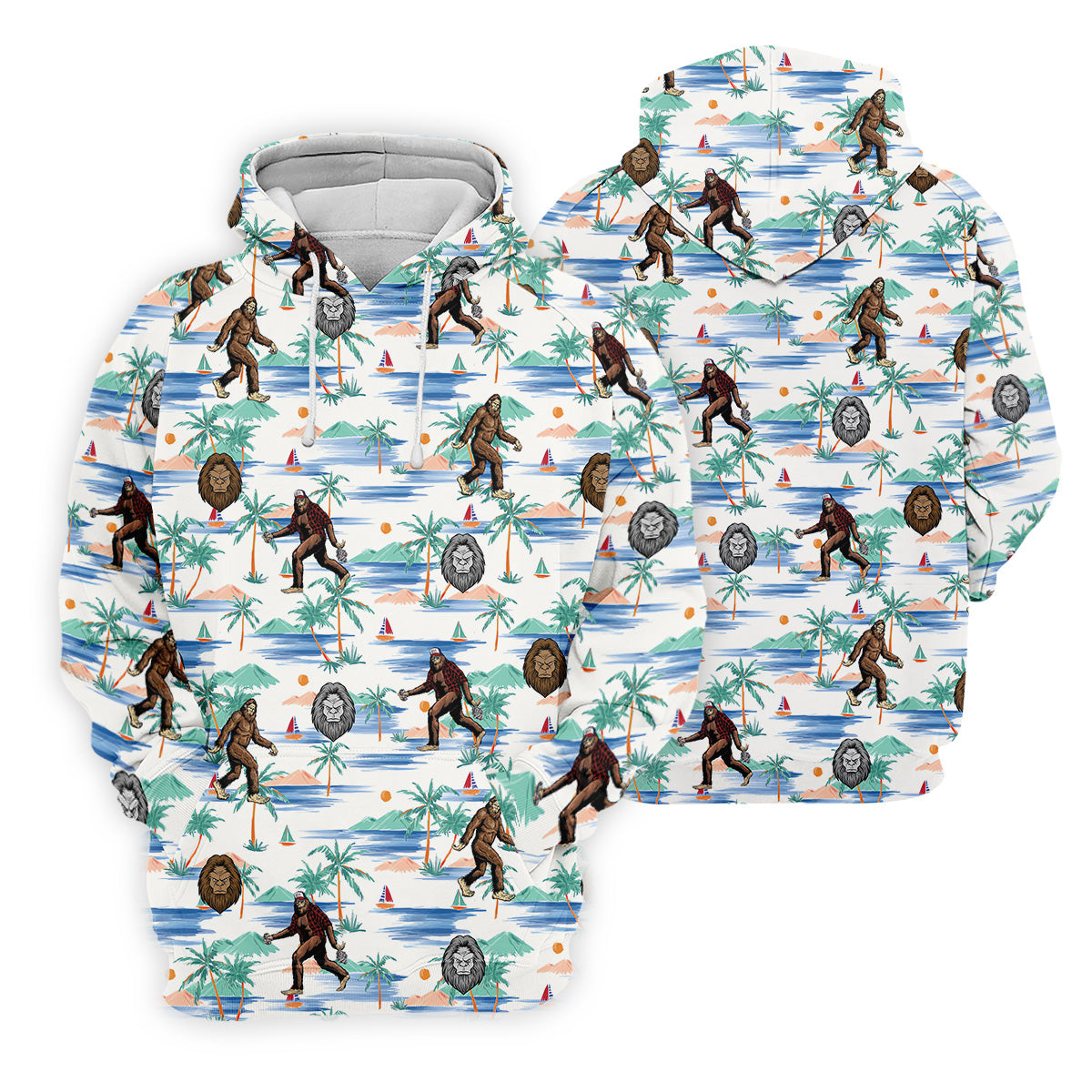 White And Blue Funny Sasquatch Tropical Golf Shirts, Fun Men's Golf Polos, Hawaiian Golf Shirts, Golfing Apparel