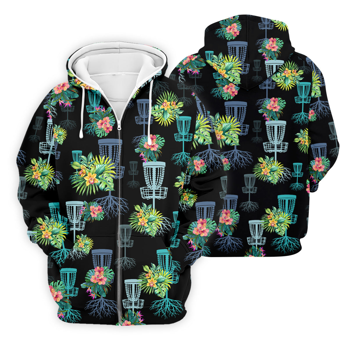 Tropical Floral Pattern Disc Golf Shirt, Black Golf Shirt, Polo Shirts For Men, Golf Gift For Men