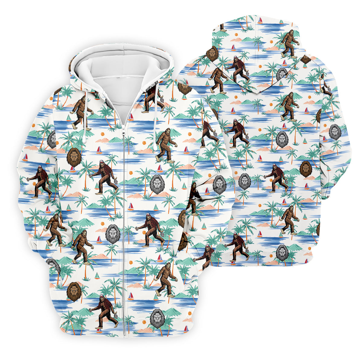 White And Blue Funny Sasquatch Tropical Golf Shirts, Fun Men's Golf Polos, Hawaiian Golf Shirts, Golfing Apparel