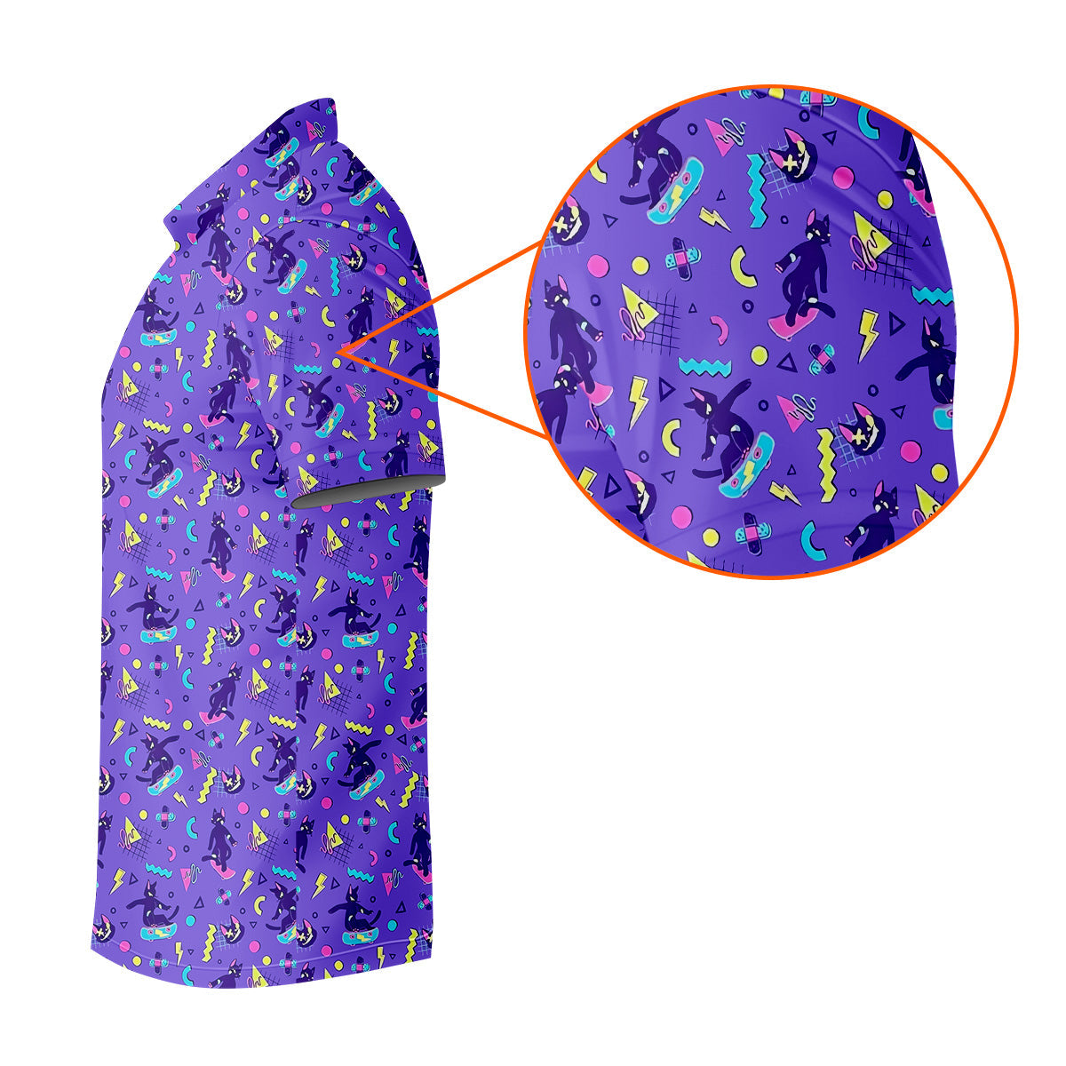 SK8R CAT Patterned Golf Polos, Mens Funny Golf Shirts, Long Sleeve Golf Shirts, Men Golf Polo