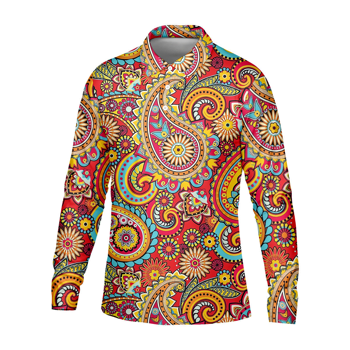 Red Paisley Seamless Pattern Golf Tops For Men, Hawaiian Golf Shirts, Long Sleeve Polo
