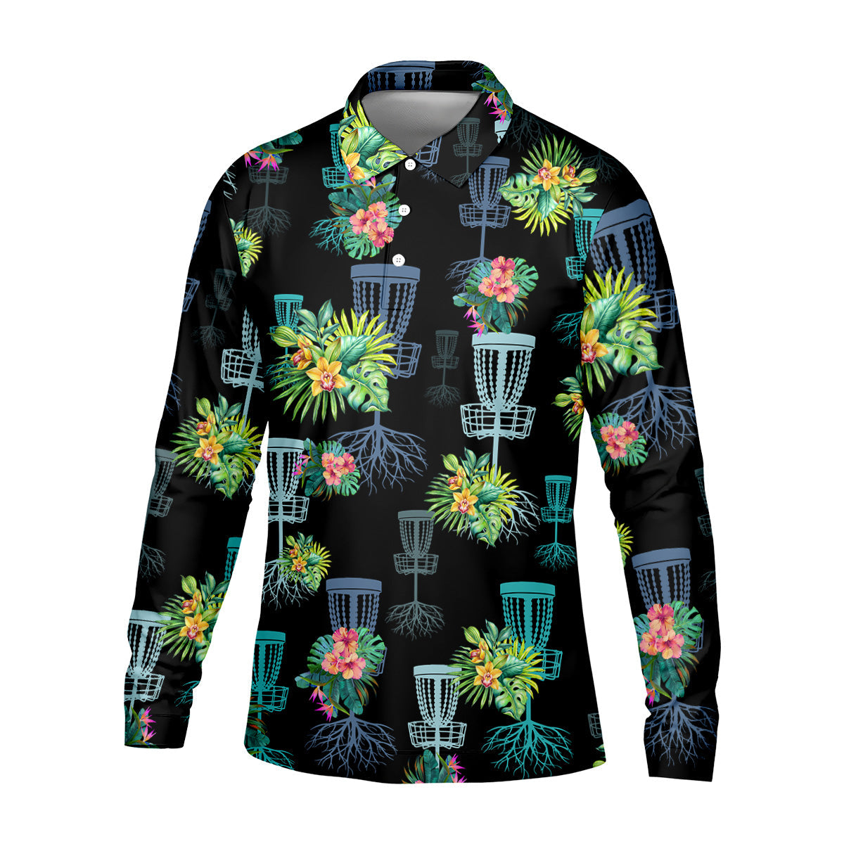 Tropical Floral Pattern Disc Golf Shirt, Black Golf Shirt, Polo Shirts For Men, Golf Gift For Men