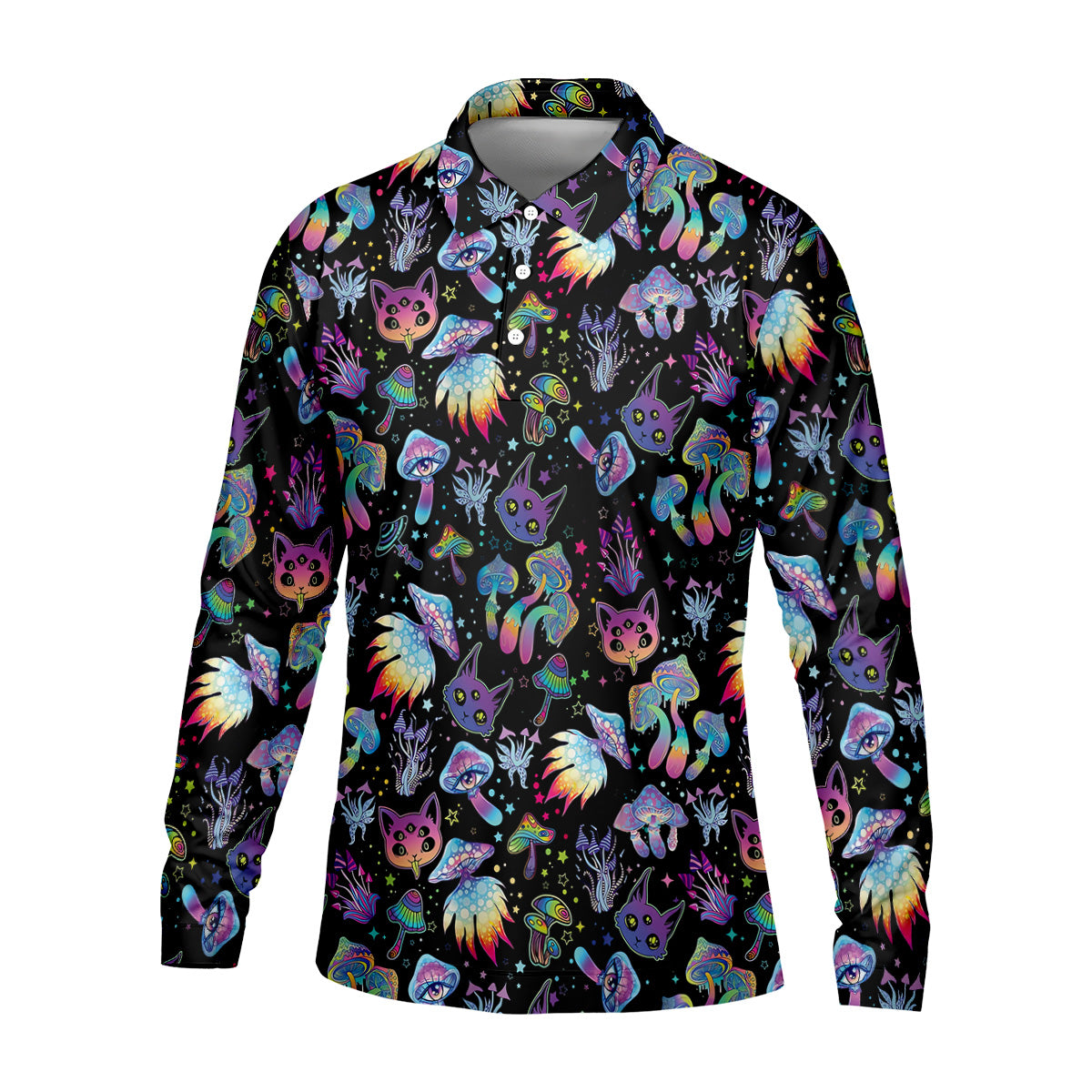 Funny Neon Cat Alien Mushroom Golf Tops For Men, Cute Golf Outfit, Polo Shirts For Men, Golfing Apparel