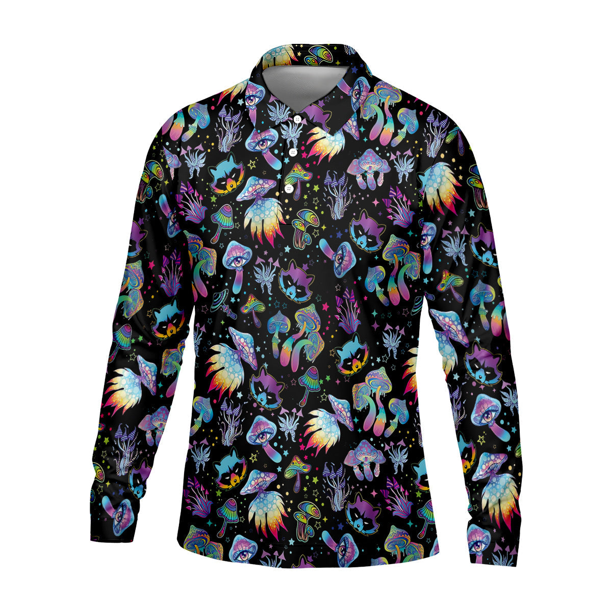 Funny Neon Cat Alien Mushroom Golf Tops For Men, Polo Shirts For Men, Golfing Apparel