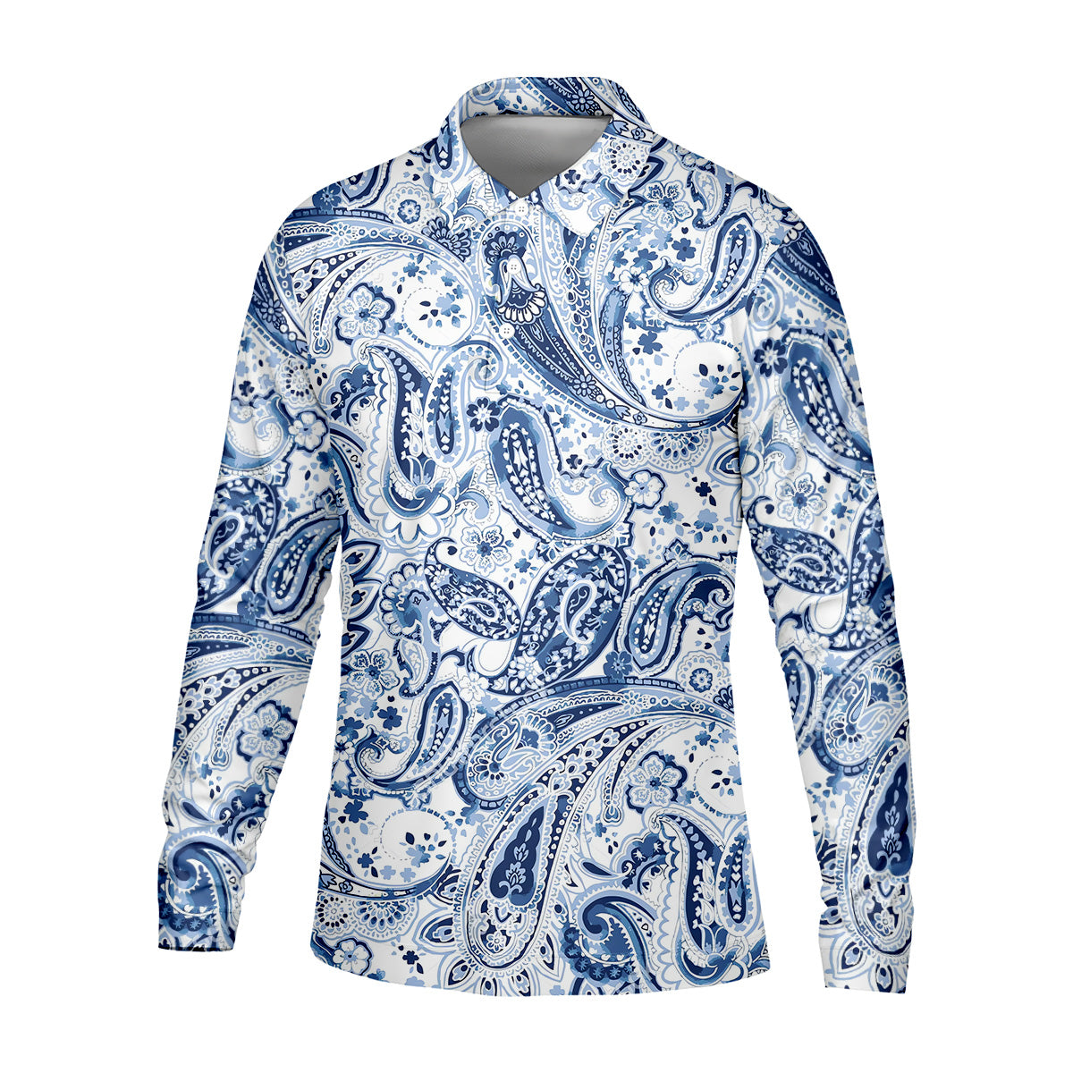 Blue Paisley Seamless Pattern Golf Tops For Men, Hawaiian Golf Shirts, Long Sleeve Polo