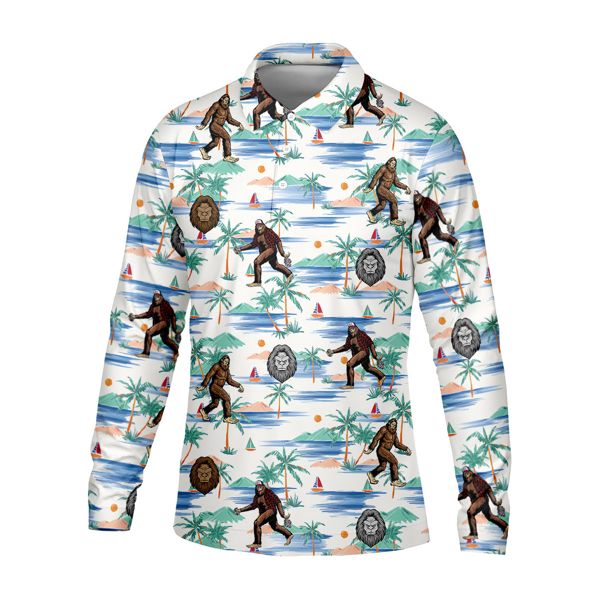 White And Blue Funny Sasquatch Tropical Golf Shirts, Fun Men's Golf Polos, Hawaiian Golf Shirts, Golfing Apparel