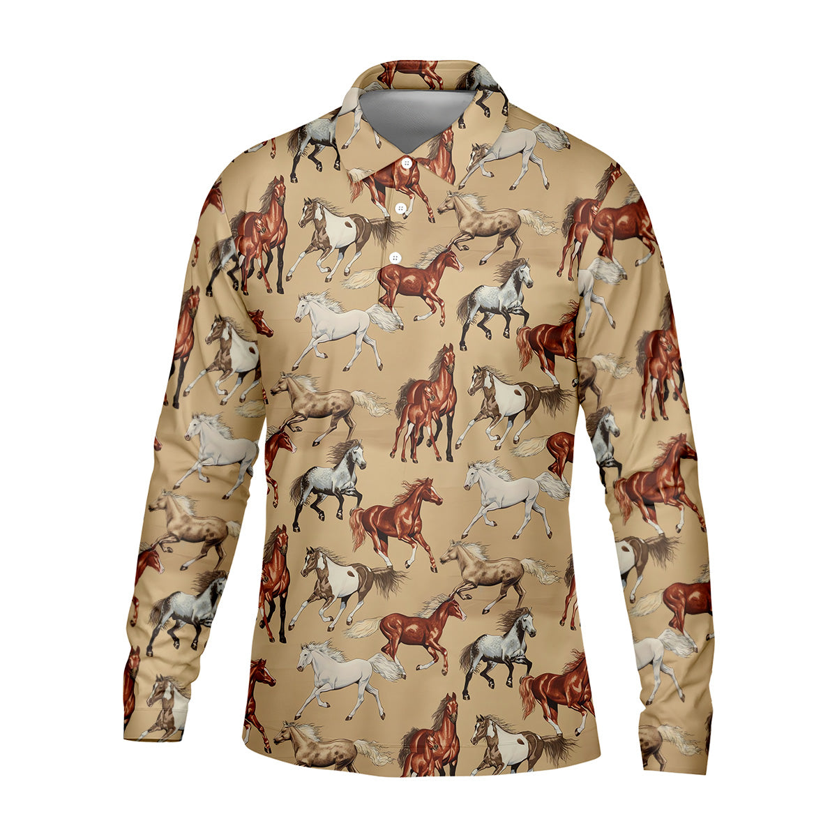 Wild Horse Seamless Pattern Golf Tops For Men, Hawaiian Golf Shirts, Long Sleeve Polo