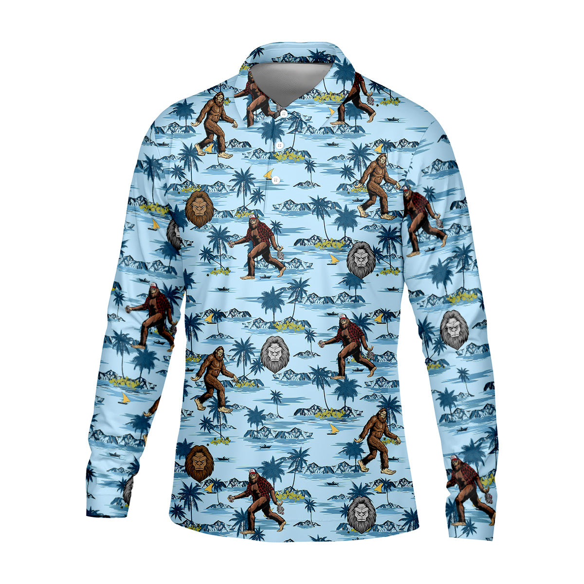 Blue Funny Sasquatch Tropical Golf Shirts, Men's Funny Golf Shirts, Golfing Apparel, Polo For Men