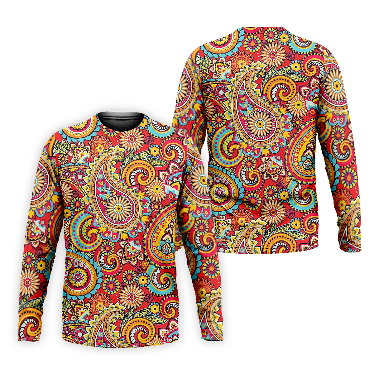 Red Paisley Seamless Pattern Golf Tops For Men, Hawaiian Golf Shirts, Long Sleeve Polo