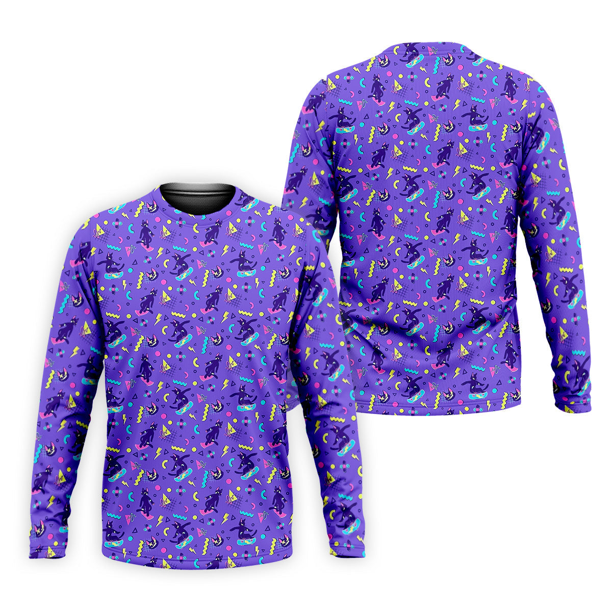 SK8R CAT Patterned Golf Polos, Mens Funny Golf Shirts, Long Sleeve Golf Shirts, Men Golf Polo