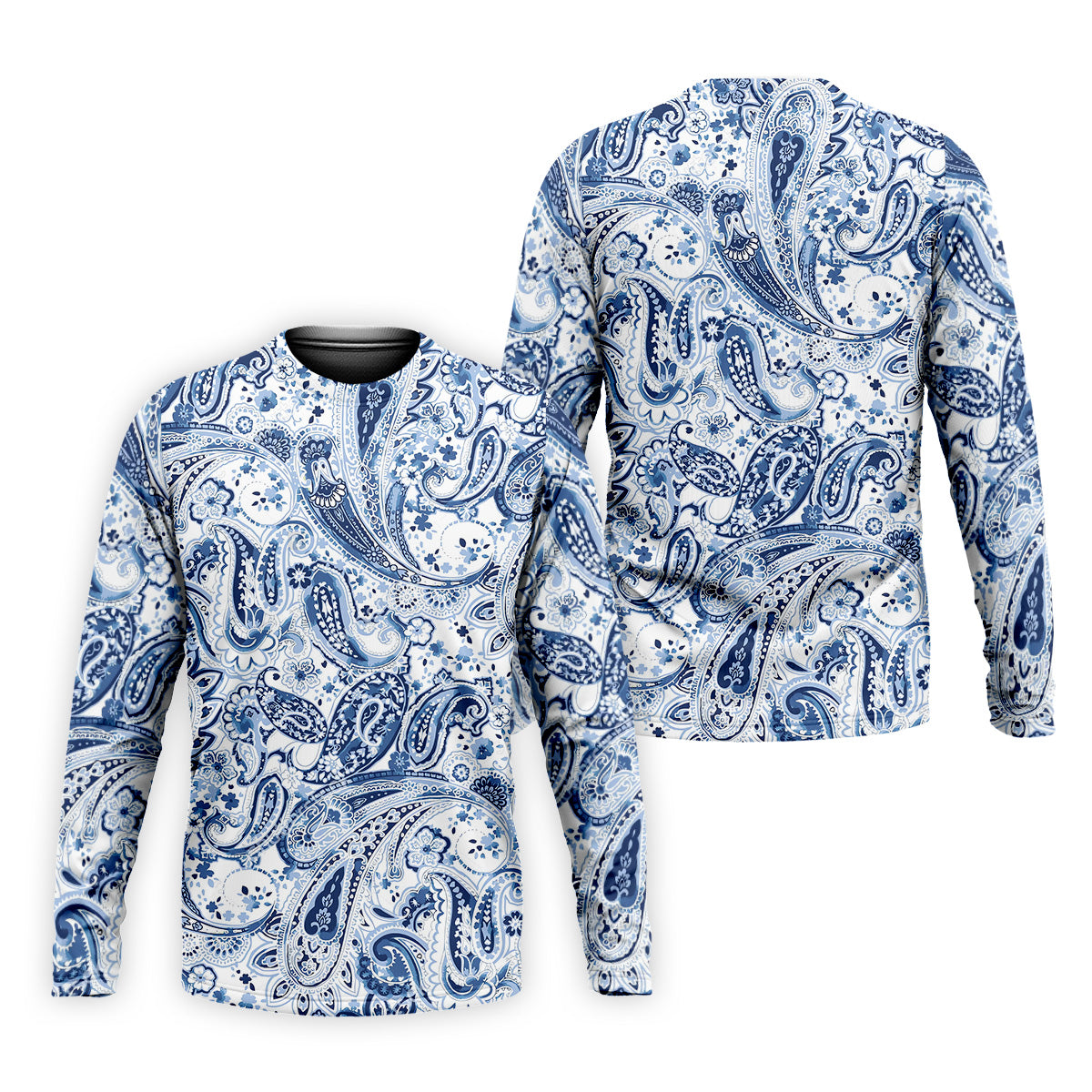 Blue Paisley Seamless Pattern Golf Tops For Men, Hawaiian Golf Shirts, Long Sleeve Polo