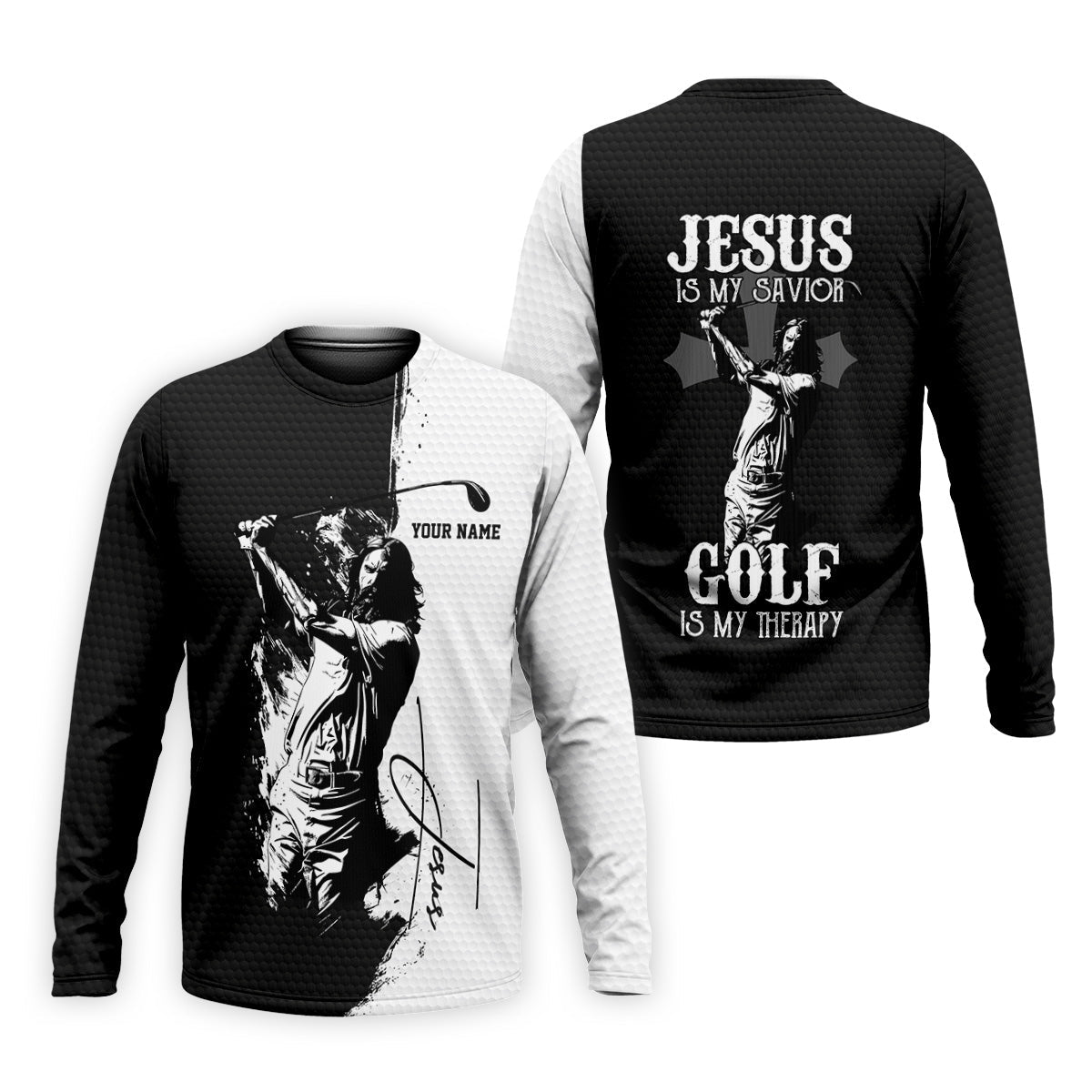 Jesus Is My Savior Golf Is My Therapy Christian Golf Shirt, Black And White Golf Polo, Polo Shirts For Men