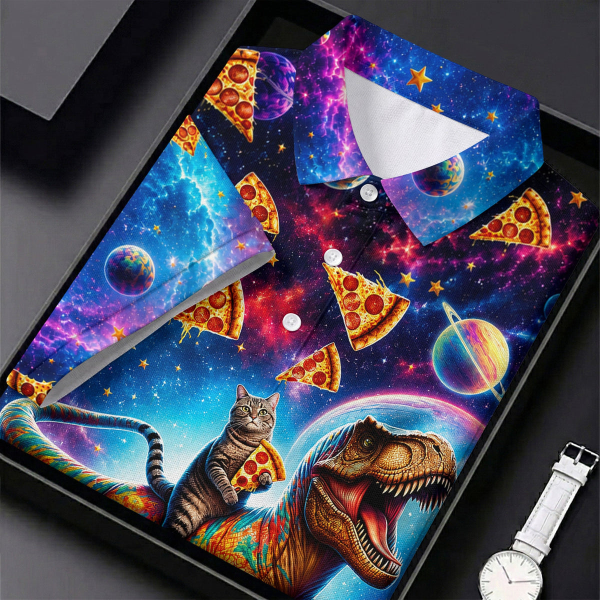 Pizza Space Cat Rainbow Dinosaur Hawaiian Golf Shirt, Women's Golf Tops, Ladies Golf Shirts