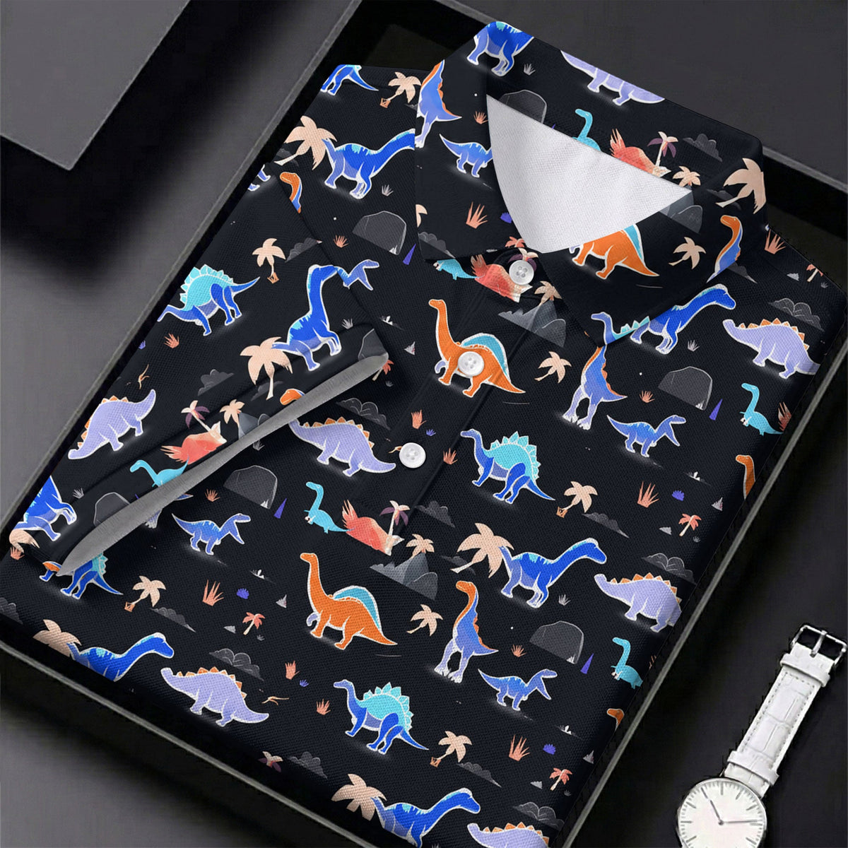 Colorful Dinosaur Hawaiian Golf Shirt, Cute Golf Outfit, Women's Golf Tops, Ladies Golf Shirts