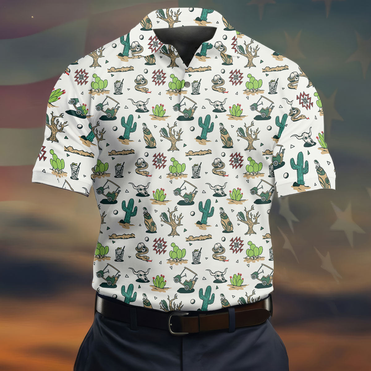 White Desert Golf Icons Pattern Golf Polo Shirt, Hawaiian Golf Shirt, Golf Polo Shirts For Men