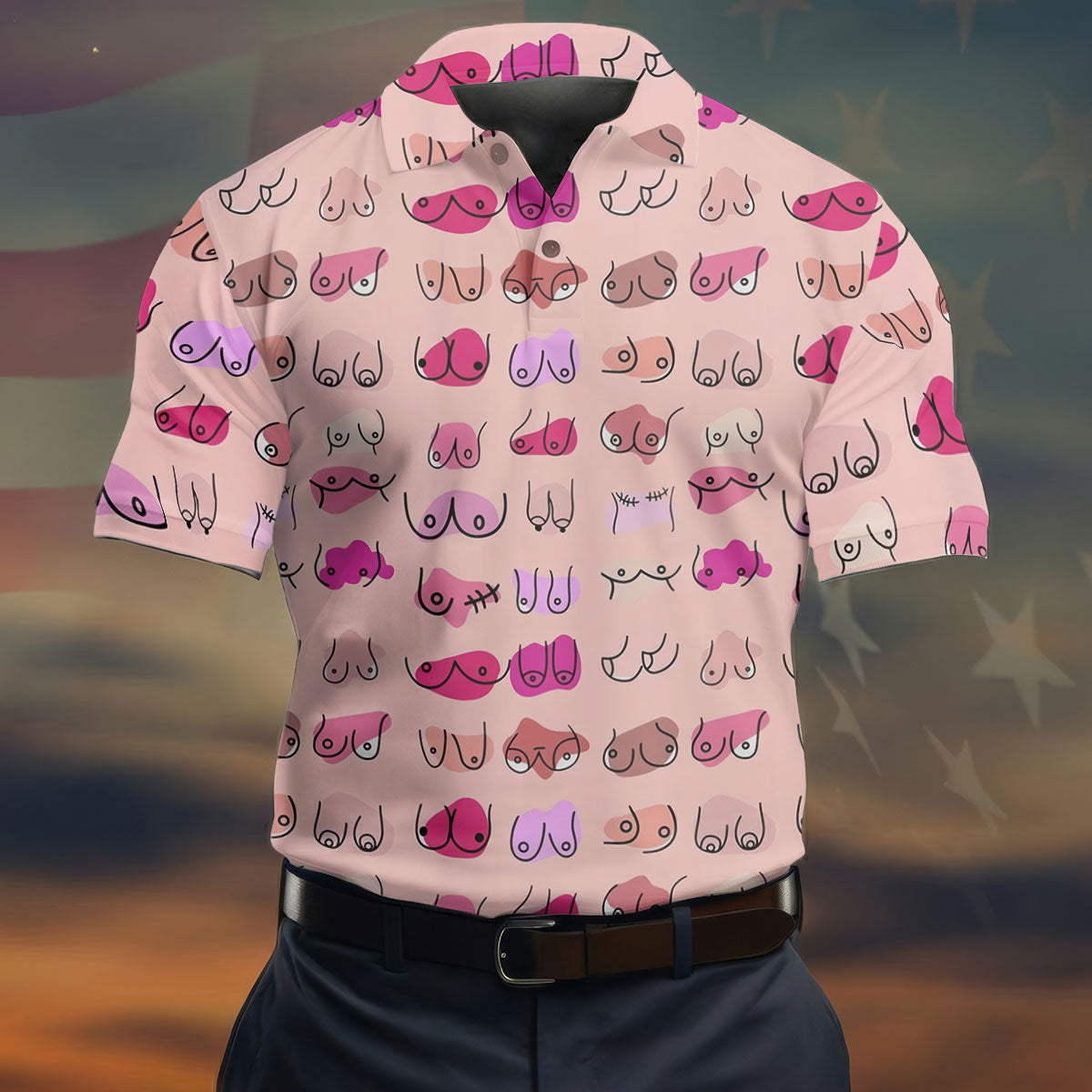 Pink Funny Boob Pattern Golf Polo Shirt, Men's Golf Shirts, Printed Golf Shirts