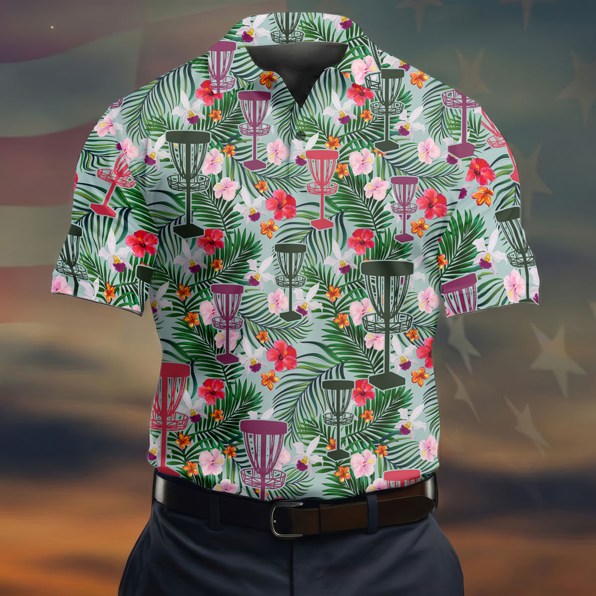 Tropical Disc Golf Basket Floral Polo Shirt, Hawaiian Golf Shirt, Golf Polo Shirts For Men