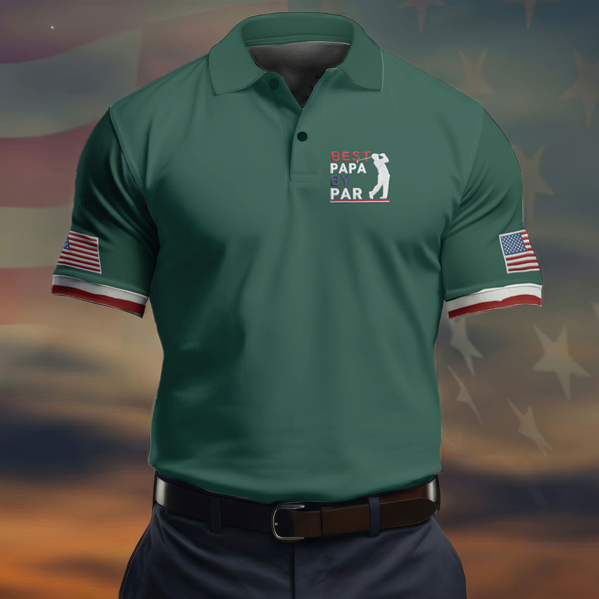 Green Best Papa By Par Embroidered Golf Polo Shirt, Golf Shirts For Men, Printed Golf Shirts