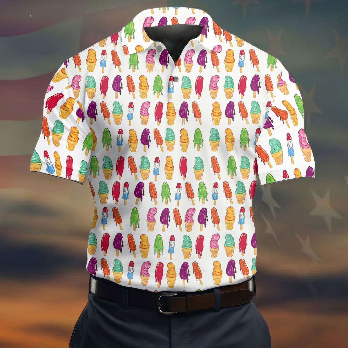 Colorful Ice Cream Pattern Golf Polo Shirt, Men's Golf Shirt, Golf Apparel For Men