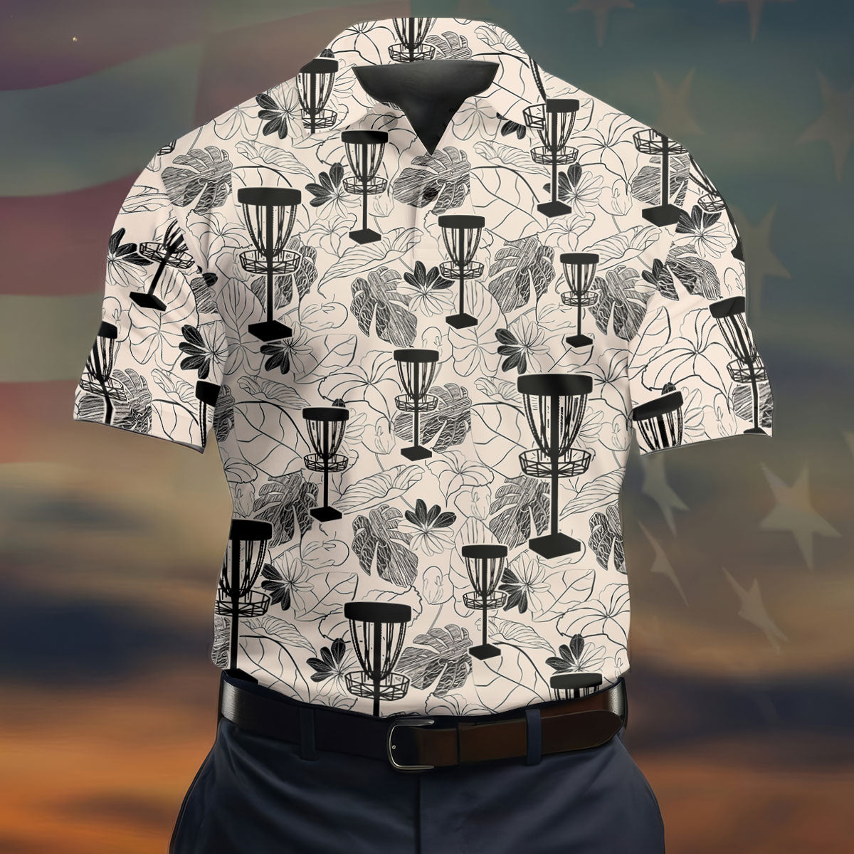 Minimalist Botanical Disc Golf Polo Shirt, Mens Golf Polo, Golf Shirts For Men