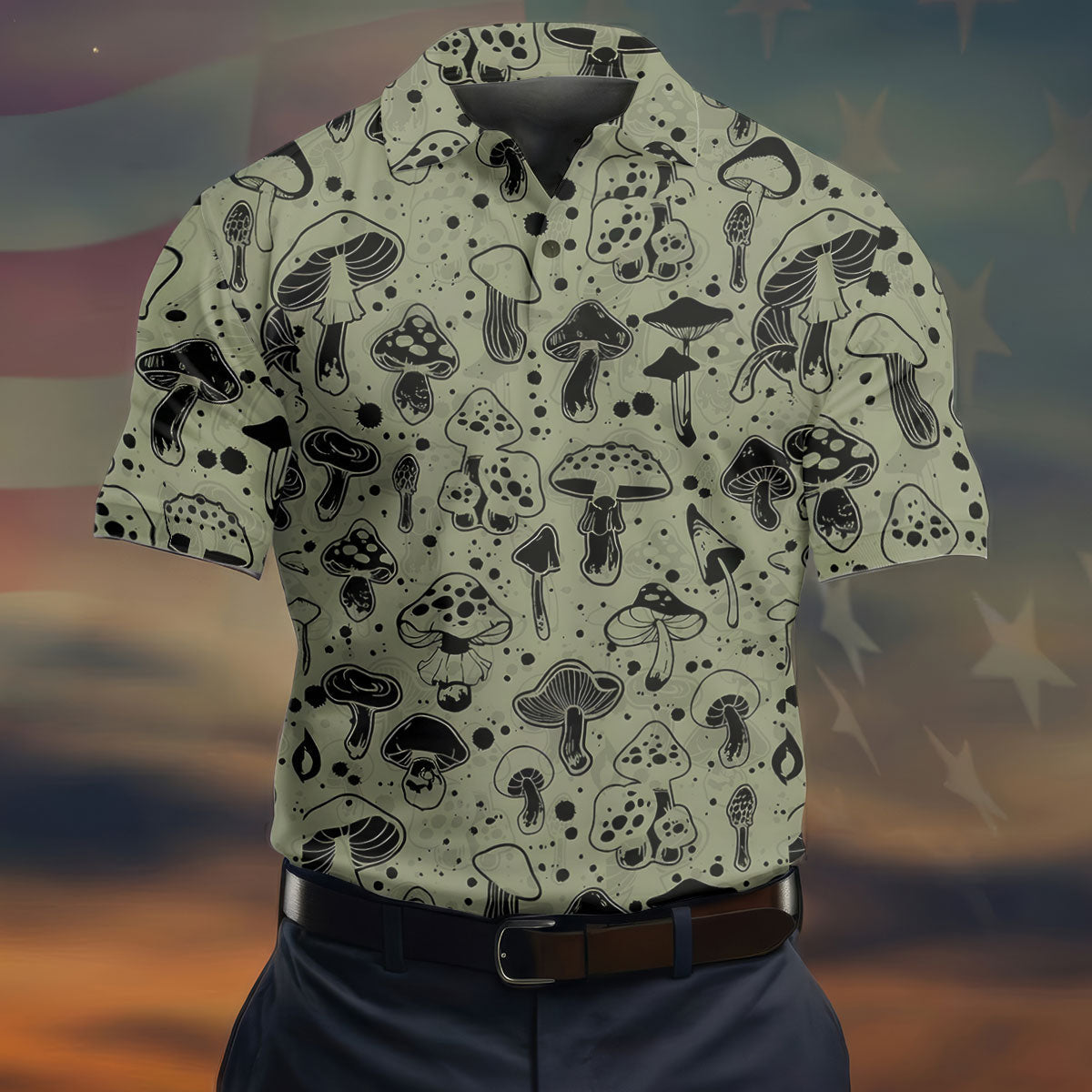 Vintage Mushroom Sketch Pattern Hawaiian Golf Shirt, Printed Golf Shirts, Golf Apparel For Men