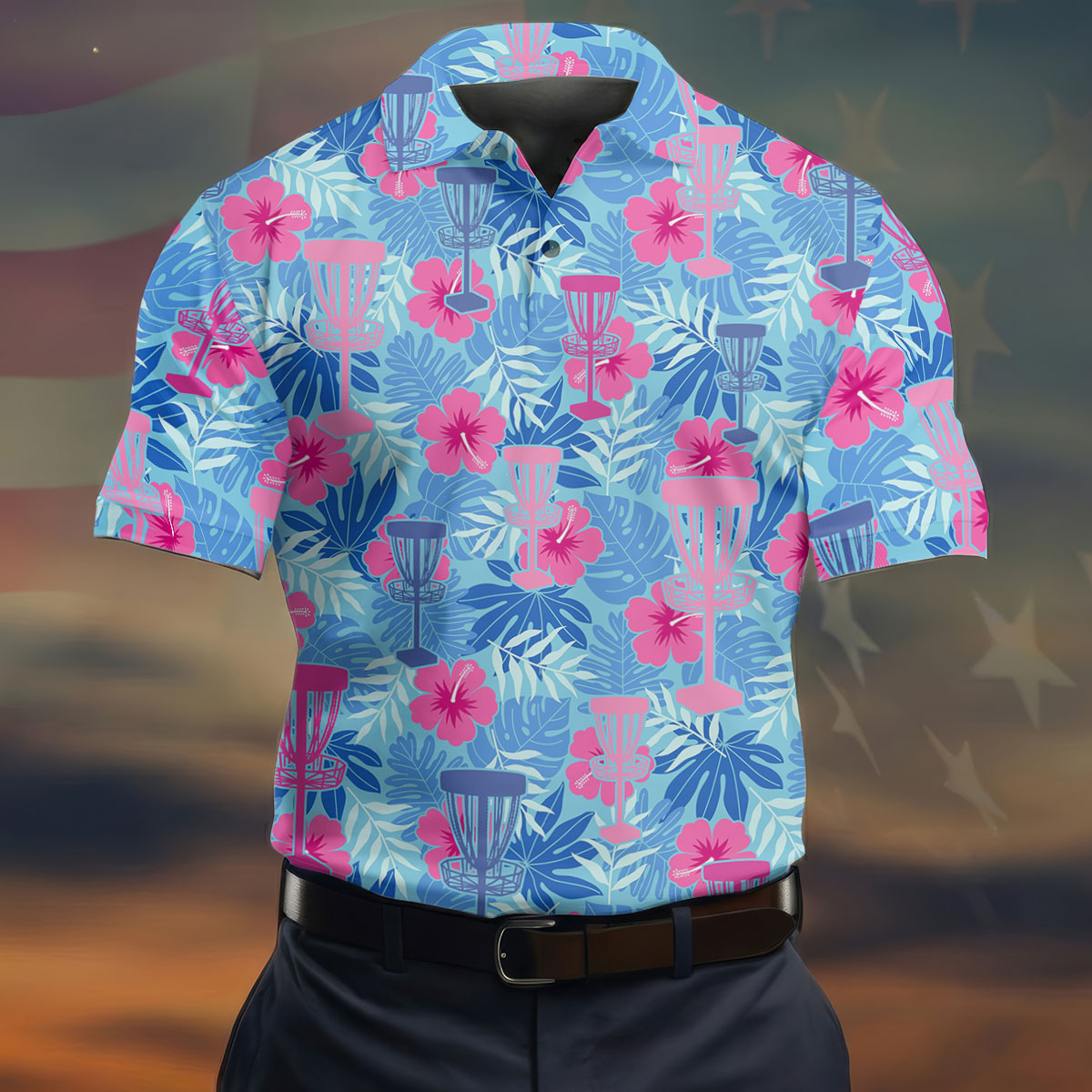Blue Hibiscus Disc Golf Polo Shirt, Hawaiian Golf Shirt, Mens Golf Shirts